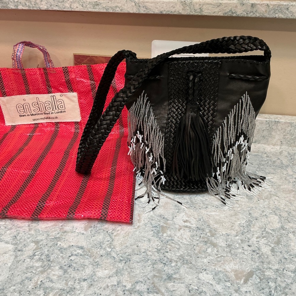 FP En Shalla Bucket Bag Black Leather Woven Beaded Fringe Tassel Boho Braided